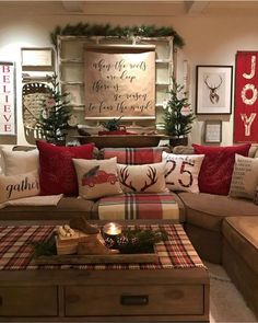 a living room filled with lots of furniture and christmas decorations on top of each other