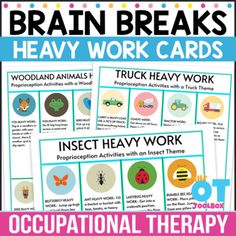 These themed brain break cards offer heavy work in the form of proprioceptive input. to help kids calm down, pay attention, regulate emotions, or use as a coping tool for sensory needs. Heavy work is a valuable strategy to add calming input for whole body awareness, regulation, and stress relief too. Proprioception activities such as heavy work can also improve attention and concentration, improve body awareness, and regulate arousal levels. Help kids re-group or add movement into learning with Heavy Work In The Classroom, Heavy Work Activities For Kids, Proprioception Activities, Heavy Work Sensory, Brain Break Activities, Proprioceptive Activities, Sensory Classroom, Regulate Emotions, Proprioceptive Input