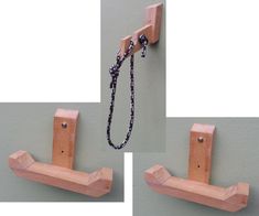 two pictures of a wooden wall hook with a chain attached to it and another photo of an object hanging on the wall