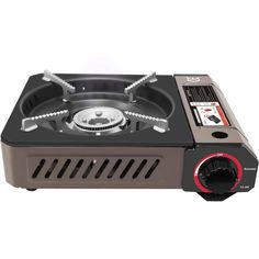 the portable stove has two burners and is built into it's side panel