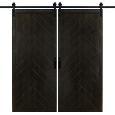 an image of a pair of black wood doors with metal bars on each side and the door