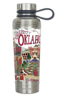 the university of oklaho water bottle is shown with an image of buildings on it