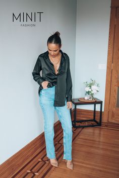 This black silk button-up blouse is the perfect piece to add to your work-from-home wardrobe. It's made from a comfortable and relaxed fabric that you can wear all day long, and it has a versatile silhouette that can be dressed up or down. Whether you're taking a meeting or watching Netflix, this blouse will make you look and feel your best. Champagne Blouse, Black Silk Blouse, Silk Button Up, Best Black, Professional Look, Work Wardrobe, Button Down Blouse, Newest Trends, Black Silk