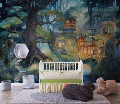 there is a baby crib in front of the wall with a painting on it