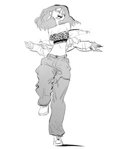 a black and white drawing of a woman in high waisted jeans with her arms outstretched