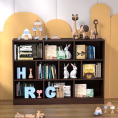 a bookshelf filled with lots of different types of children's toy animals