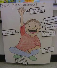 a child's hand drawn poster with words and pictures on it, in front of bookshelves