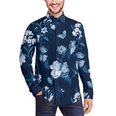 Elevate your wardrobe with our Floral Shirt for Men, a sophisticated and romantic choice for any occasion. This Navy Blue Shirt features an abstract floral pattern, adding a touch of elegance and charm to your ensemble. The Dark Blue Dress Shirt is perfect for those who appreciate a blend of modern style and classic sophistication. With long sleeves and a tailored fit, this Men's Dress Shirt is designed for a polished and refined look. Crafted from polyester, it ensures both comfort and durabili Formal Cotton Shirt With Floral Print, Formal Button-up Shirt With Floral Print, Formal Floral Print Button-up Shirt, Blue Dress Shirt With Spread Collar For Spring, Formal Blue Floral Print Tops, Dark Blue Dress Shirt, Blue Dress Shirt, Navy Blue Shirt, Dark Blue Dress