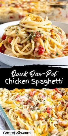 This Chicken Spaghetti combines rotisserie chicken, cheddar, and mozzarella in a creamy, baked dish. Easy and flavorful! One Pot Chicken Spaghetti, Creamy Chicken Spaghetti, Chicken Spaghetti Casserole, Chicken Spaghetti Recipes, Leftover Rotisserie, Leftover Rotisserie Chicken, One Pot Chicken, Chicken Spaghetti, Rotisserie Chicken Recipes