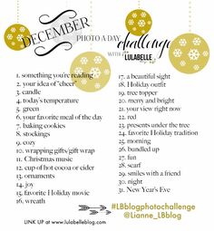 a christmas photo challenge with snowflakes and ornaments on the top, in gold