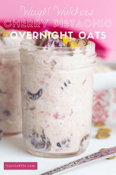 two jars filled with overnight oats on top of a table