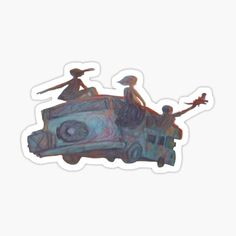 two people riding on top of a car sticker