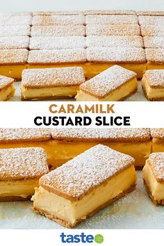 several different types of desserts with the words caramel custard slice