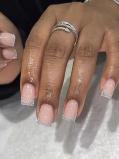 Short Acrylic Nails Glitter Tips, French Short Nail Designs, Cute Acrylic Overlay Nails, Short Nail Designs Nude, Prom Nails Medium Length, Acrylic Overlay Nails Short Designs, Short Acrylic Nails For Work, Overlay French Tip Nails, Layover Nails