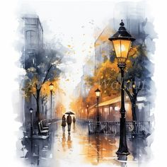 a painting of people walking in the rain with an umbrella