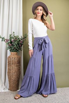 DENIM LOOK WIDE LEG PANTS!(also in mint, black, magenta) DON'T MISS OUT, LIMITED !!!!!! You don't have this in your closet? Hippie Vibe Tribe getting cute fashion in daily! #valentine #womensclothing #hippievibetribe.com #cozy #hippiegirl Casual Rayon Bottoms With Ruffles, Casual Ruffle Bottoms In Rayon, Chic Tiered Bottoms With Ruffle Hem, Chic Tiered Ruffle Hem Bottoms, Tiered Ruffle Skirt In Rayon, Tiered Ruffled Rayon Skirt, Chic Rayon Bottoms With Tie Waist, Chic Tie Waist Rayon Bottoms, Solid Tiered Bottoms With Ruffle Hem