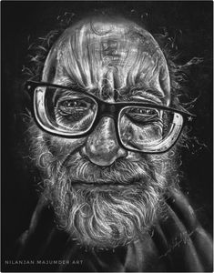 a black and white drawing of an old man with glasses on his face, looking at the camera