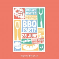 the bbq party poster is designed in bright colors and features barbecue related items on it