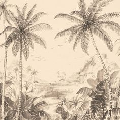 a drawing of palm trees and other tropical plants