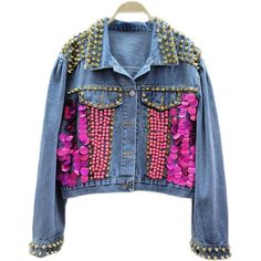 Mixed media embellished denim jacket. Studded and beaded. Short Denim Jacket, Embellished Denim Jacket, Athleisure Dress, Heavy Industry, Festival Style, Embellished Denim, Short Denim, Denim Design, Jacket Pattern