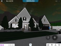 a virtual view of a house with trees and bushes in front of it at night