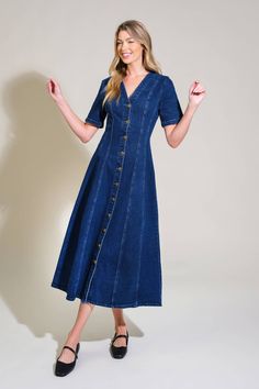 A washed denim midi dress featuring V neckline, short sleeve, side pockets and button down Details: Self : 98% Cotton 2% Spandex Size & Fit - Model is 5`8" And Wearing Size Small- Measurements Taken From Size Small- Approx. Length: 49" Pajama Outfits, Denim Midi Dress, Pajama Dress, Top And Pants Set, Jumpsuits And Romper, Swimsuit Dress, Casual Jumpsuit, Sweater Tank Top, Washed Denim