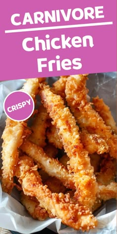 some fried chicken fries are in a basket with the words carnivore chicken fries