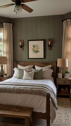 Olive Color Bedroom, Mountain Home Bedding, Cabin Vibes Bedroom, Green Floral Bedroom Ideas, Green And Oak Bedroom, Dark Green Farmhouse Bedroom, Bedroom Paint Inspirations, Sage Green Guest Room, Green French Bedroom