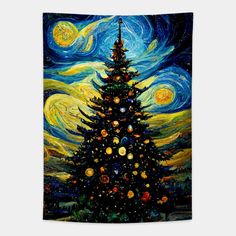 a painting of a christmas tree in the night