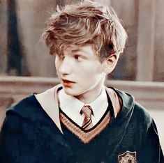 a young boy wearing a harry potter shirt and tie with his hair in the wind