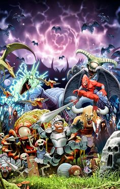 an image of a group of cartoon characters in the middle of a field with bats