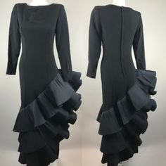 Victor Costa Black Long Sleeve | Party Dress | Gown | Art To Wear | Structured Dress | Fully Lined Asymmetrical | Ruffles | Pleats | Flamenco Style | Back Zip Closure Holiday | Formal | Black Tie | Wedding Vintage Women's Size 16 | 20.5 Pit To Pit | 16.5 Waist | 21 Hip 24.5 Sleeve Length | 57 Longest Length Black Long Sleeve Party Dress, Formal Black Tie Wedding, Victor Costa Dress, African Head Scarf, Long Sleeve Party Dress, Fiercely Feminine, Victor Costa, Black Party Dress, Structured Dress