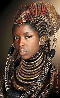 an african woman with braids on her head and necklaces around her neck, looking at the camera