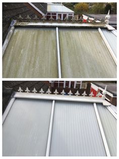 two views of the roof of a house with gutter on it and grass in front