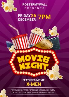 a movie night flyer with popcorn and sodas on the table, in front of a purple