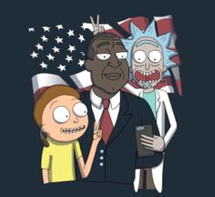 an image of cartoon characters in front of the american flag with rick and mort on it