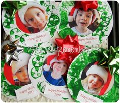 some christmas ornaments with pictures on them