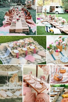 a collage of photos with pink and white decorations on them, including cake, cupcakes, cakes, and desserts