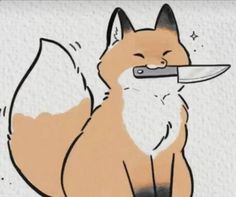 a drawing of a fox with a knife in its mouth