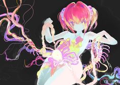 a woman with pink hair is dancing in front of colorful swirls on black background