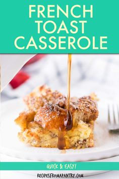 the french toast casserole is being drizzled with syrup on it