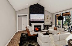 a living room filled with furniture and a flat screen tv mounted to the wall over a fireplace