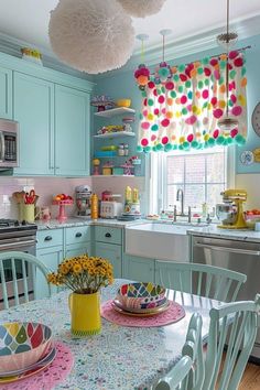 a kitchen filled with lots of colorful decorations