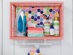 an ironing board and various household items are displayed in a pink frame with the hgtv logo above it