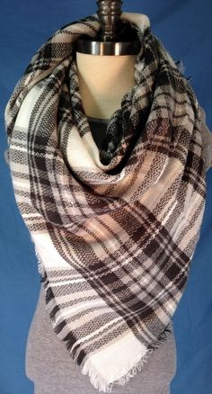 "Black and white blanket scarf. Super soft and warm. Could be worn casually or professionally. Dimensions are approximately 55\" x 54\". 100% acrylic. Free Shipping on all orders!" Fringe Blanket, Tan Scarf, Women Fashion Accessories, Scarf Women Fashion, Gift Ideas For Her, White Blanket, Black And White Plaid, Fringe Scarf, Scarf Women