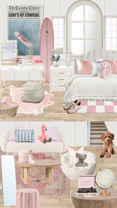 this is a collage of pink and white bedroom decor with furniture, rugs, pillows, bedding, mirror, dog