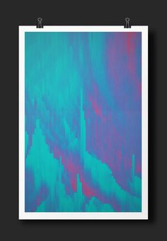 a blue and pink abstract painting on a black background