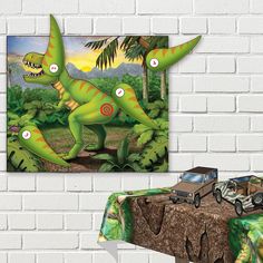 an image of a dinosaur in the jungle with cars on it's back ground