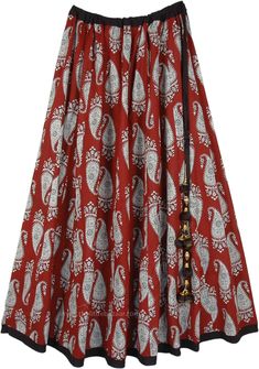 Paisley printed elegant princess skirt, get traditionally stylish with this festive-looking full circle 100% cotton skirt.  This skirt is perfect for those who like their skirts to swirl with movement. #tlb #Misses #MaxiSkirt #Printed #CottonFullFallSkirt #FestivalSkirt #OccasionSkirt Traditional Cotton Pleated Skirt, Traditional Cotton Flowy Skirt, Traditional Full Skirt Cotton Skirt, Traditional Gathered Cotton Skirt, Maroon Clothing, Gopi Skirts, Indian Skirts, Bridesmaids Outfits, Long Cotton Skirt