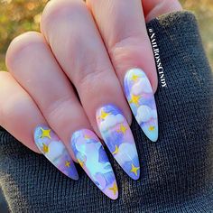 Short Unicorn Nails, Cloud And Moon Nails, Dreamy Nail Art, Moon And Stars Nails, Pink Blue Nails, Purple And Pink Nails, Nails Unicorn, Bird Nail Art, Unicorn Nail Art